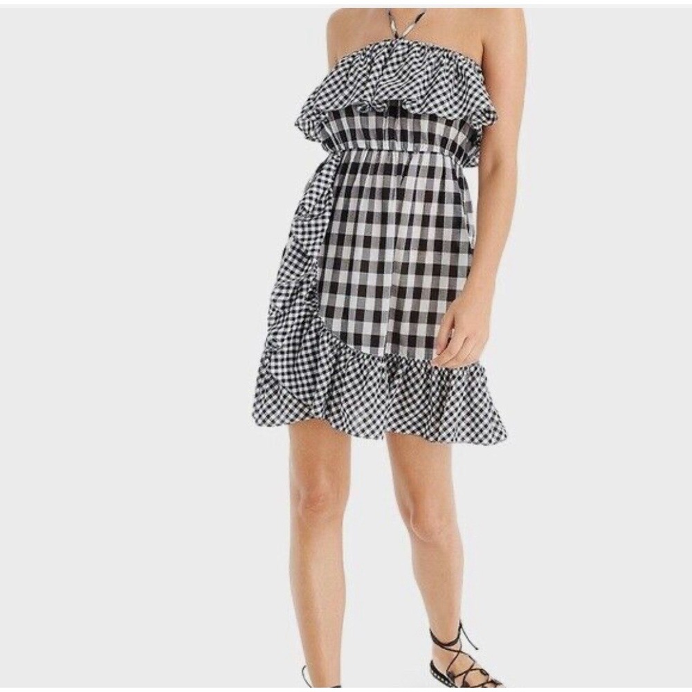 J Crew NEW Size Small Black White Gingham Ruffle Strapless Halter Dress Easter